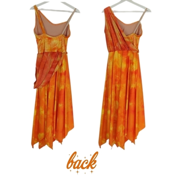 Theatrical Marbled Velour Top Asymmetrical Dress in Orange, Yellow - Picture 4 of 5